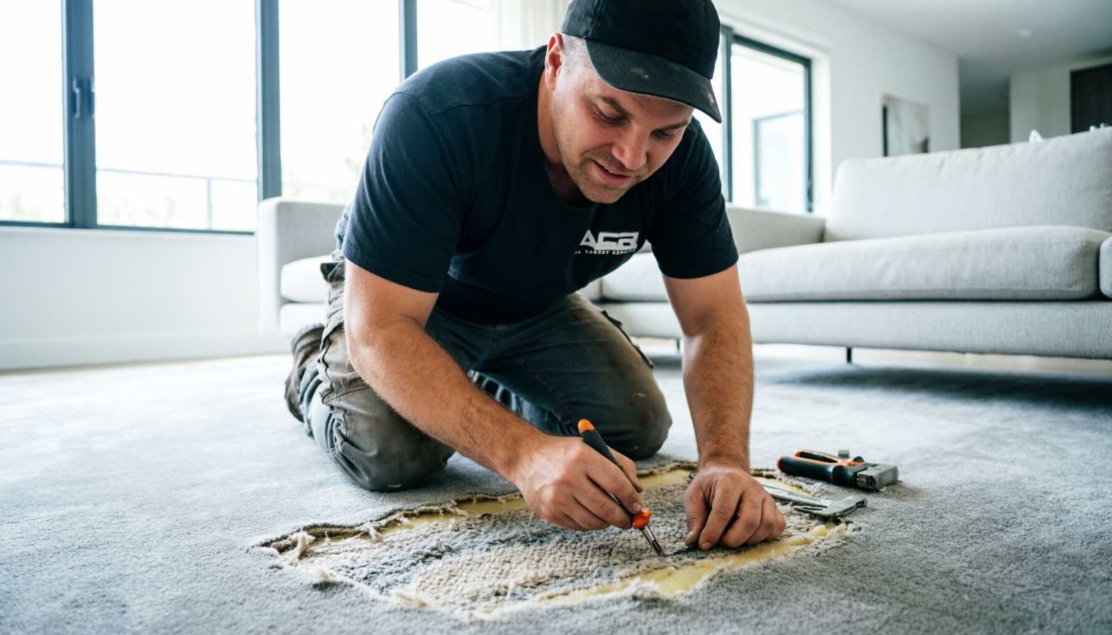 ACR technician repairing carpet patch in a modern living room